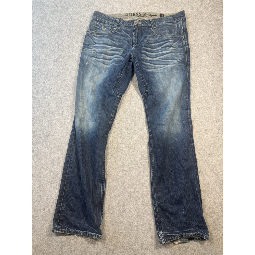 Guess Premium Los Angeles Jeans Mens 36x34 Regular Straight Y2K Distressed Blue